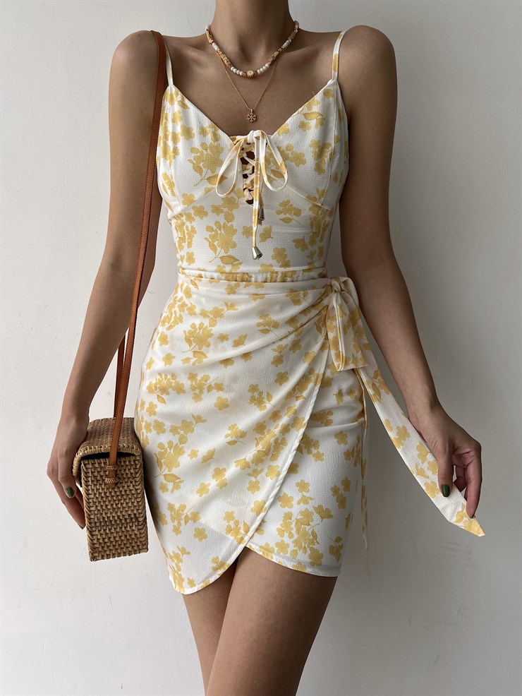 Çiçekli Etek Kısmı Kruvaze Yandan Bağcıklı Meliora Kadın Sarı Elbise 22Y000327