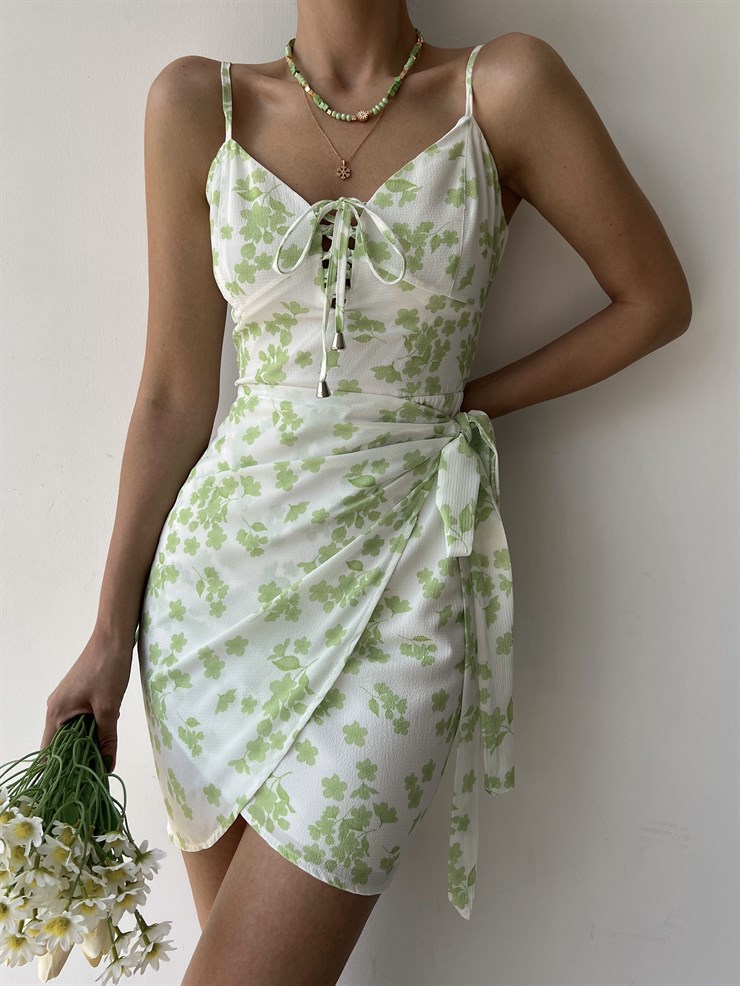 Çiçekli Etek Kısmı Kruvaze Yandan Bağcıklı Meliora Kadın Yeşil Elbise 22Y000327