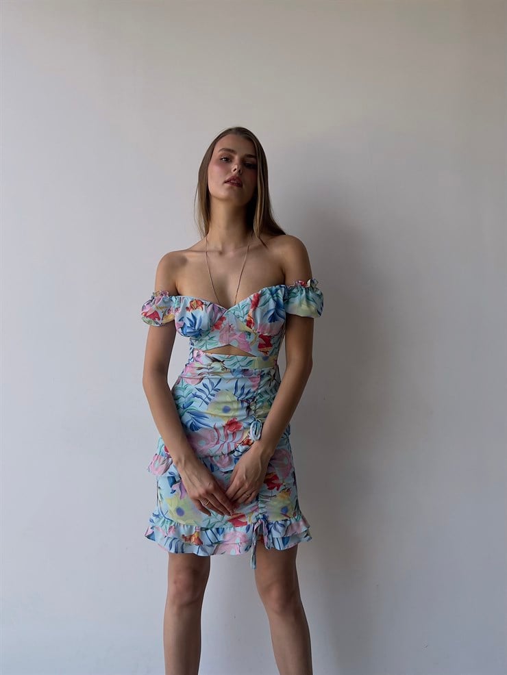 Çiçekli Göbek Pencere Detaylı Fırfırlı  Aden Kadın Mavi Elbise 22Y000217