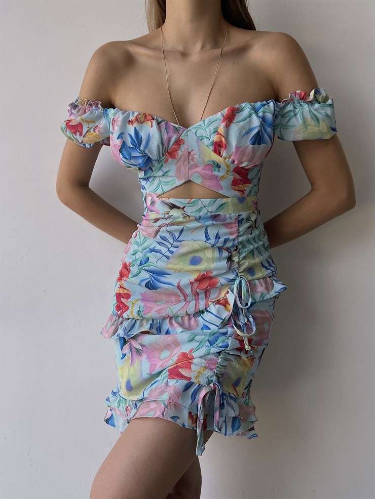 Çiçekli Göbek Pencere Detaylı Fırfırlı  Aden Kadın Mavi Elbise 22Y000217