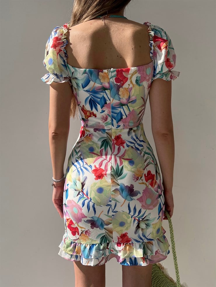 Çiçekli Göbek Pencere Detaylı Fırfırlı  Aden Kadın Beyaz Elbise 22Y000217