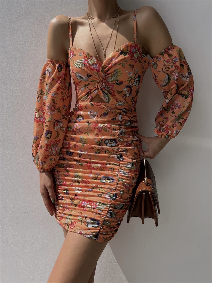 Çiçekli Göğüs Kısmı Düğüm Detaylı Drape Monere Kadın Somon Elbise 22Y000335