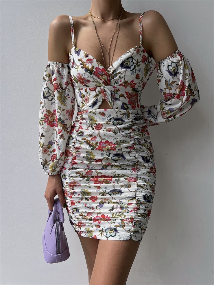 Çiçekli Göğüs Kısmı Düğüm Detaylı Drape Monere Kadın Beyaz Elbise 22Y000335