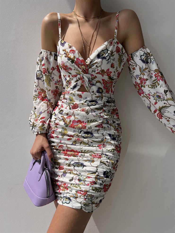 Çiçekli Göğüs Kısmı Düğüm Detaylı Drape Monere Kadın Beyaz Elbise 22Y000335