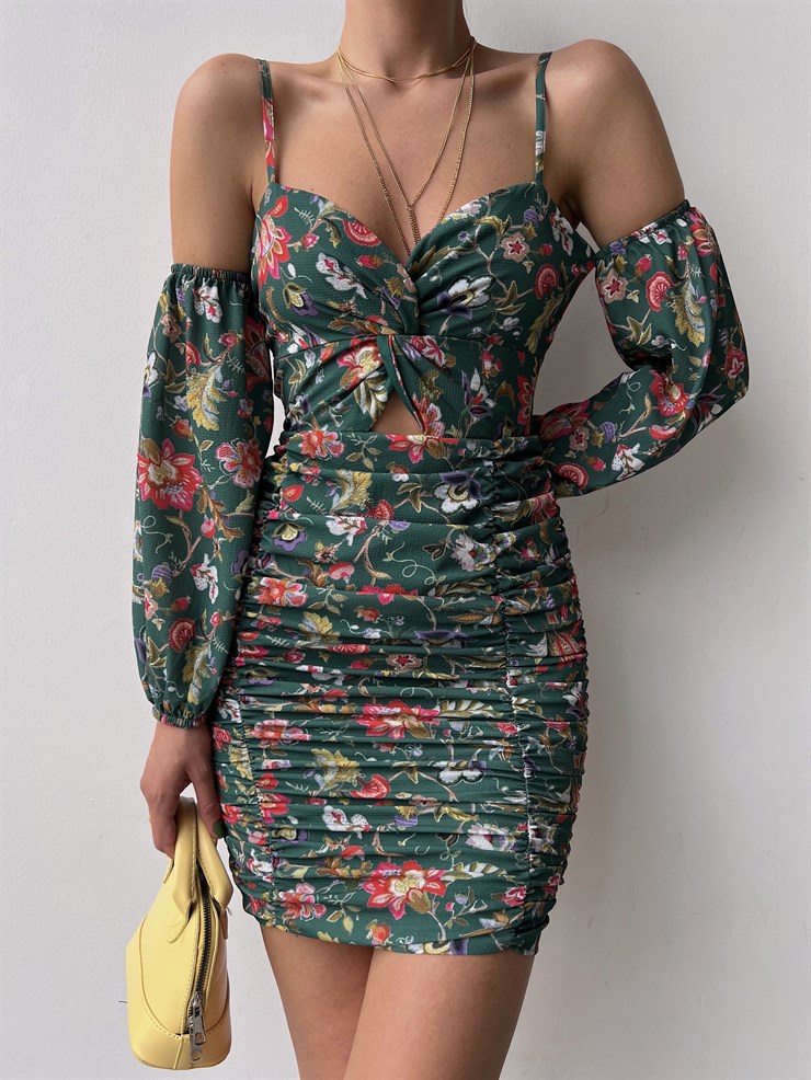 Çiçekli Göğüs Kısmı Düğüm Detaylı Drape Monere Kadın Yeşil Elbise 22Y000335