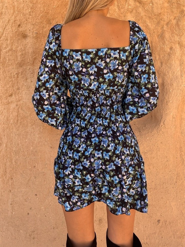 Çiçekli Göğüsü Bağlamalı Beli Gipeli Nicole Kadın Mavi Elbise 22K000024