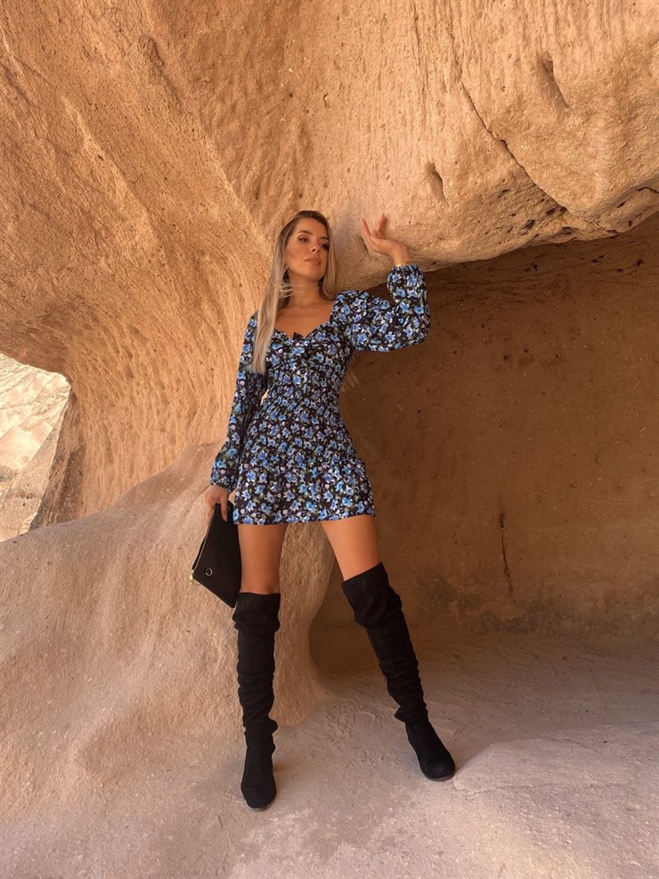 Çiçekli Göğüsü Bağlamalı Beli Gipeli Nicole Kadın Mavi Elbise 22K000024