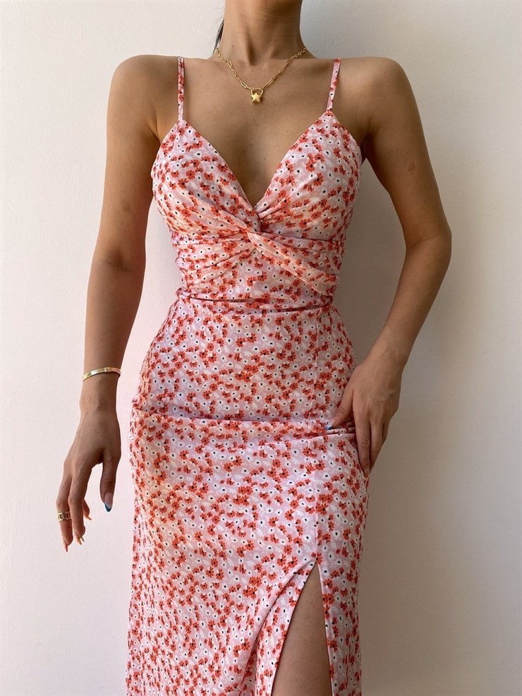 Çiçekli Göğüsü Düğüm Detay Yırtmaçlı Kadın Kırmızı Midi Elbise 21Y000311