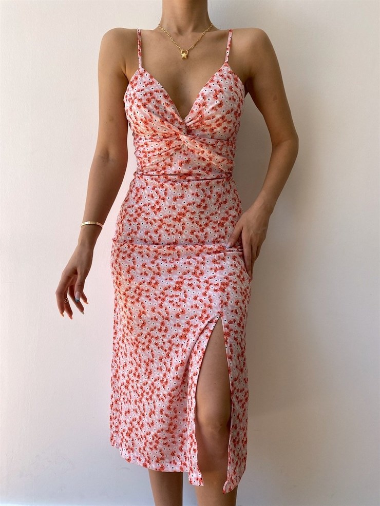 Çiçekli Göğüsü Düğüm Detay Yırtmaçlı Kadın Kırmızı Midi Elbise 21Y000311