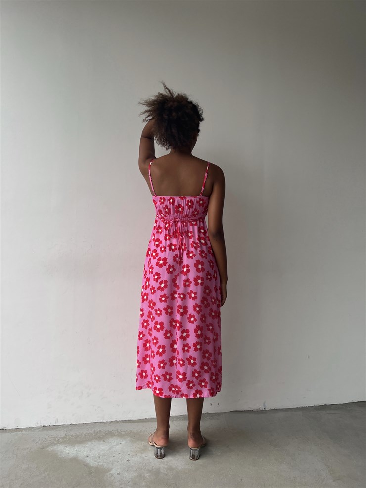 Çiçekli Göğüsü Düğüm Detay Yırtmaçlı Matteo Kadın Pembe Uzun Elbise 22Y000460