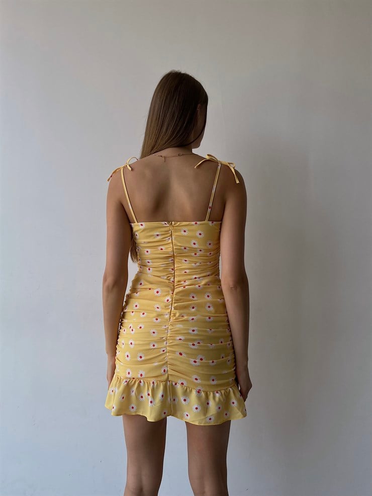 Çiçekli İnce Askı Eteği Fırfırlı Bruno Kadın Sarı Mini Elbise 22Y000205