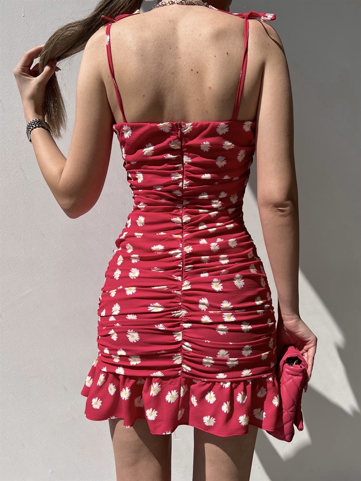 Çiçekli İnce Askı Eteği Fırfırlı Bruno Kadın Fuşya Mini Elbise 22Y000205