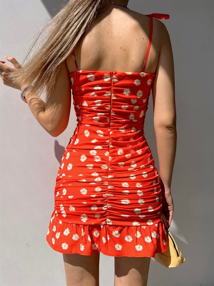 Çiçekli İnce Askı Eteği Fırfırlı Bruno Kadın Turuncu Mini Elbise 22Y000205