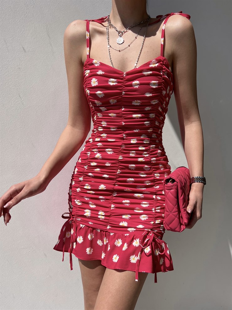 Çiçekli İnce Askı Eteği Fırfırlı Bruno Kadın Fuşya Mini Elbise 22Y000205
