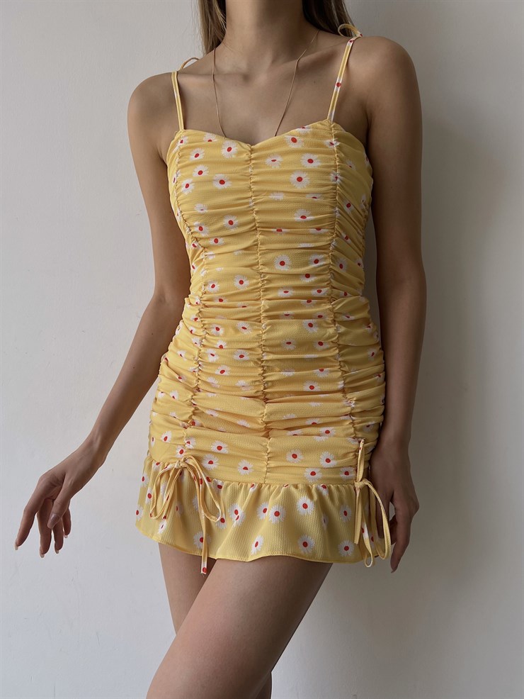 Çiçekli İnce Askı Eteği Fırfırlı Bruno Kadın Sarı Mini Elbise 22Y000205