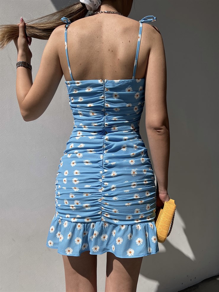 Çiçekli İnce Askı Eteği Fırfırlı Bruno Kadın Mavi Mini Elbise 22Y000205