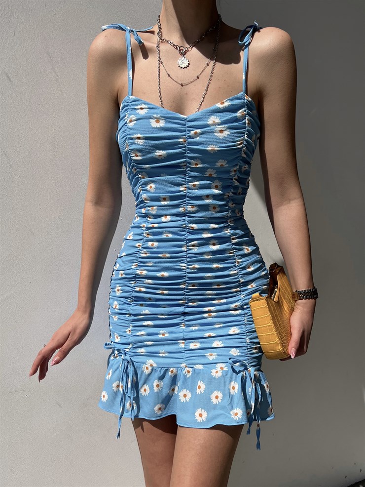 Çiçekli İnce Askı Eteği Fırfırlı Bruno Kadın Mavi Mini Elbise 22Y000205