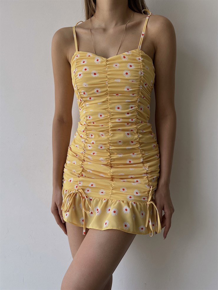 Çiçekli İnce Askı Eteği Fırfırlı Bruno Kadın Sarı Mini Elbise 22Y000205