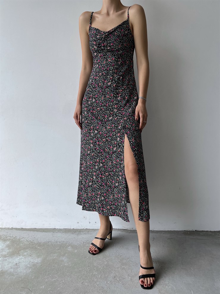 Çiçekli İnce Askı Yırtmaçlı Grant Kadın Siyah Uzun Elbise 22Y000290