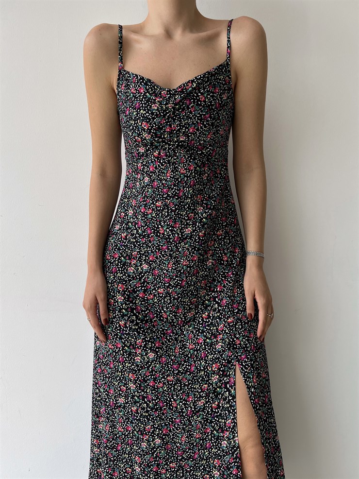 Çiçekli İnce Askı Yırtmaçlı Grant Kadın Siyah Uzun Elbise 22Y000290