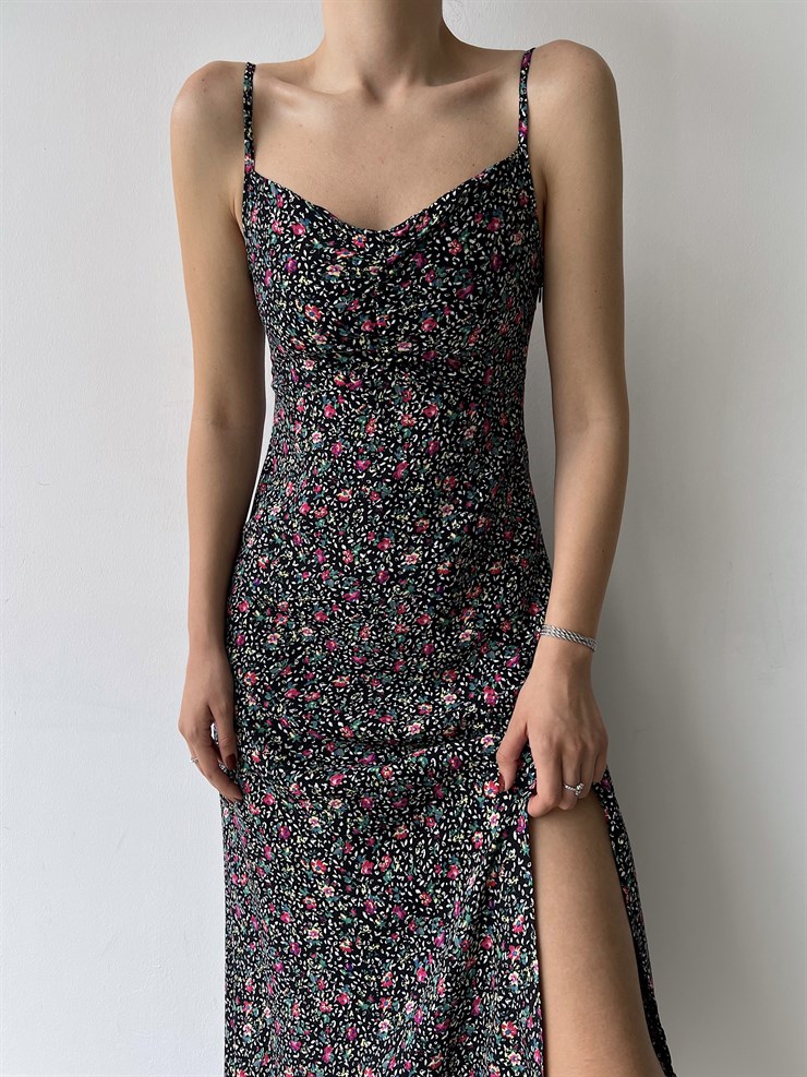 Çiçekli İnce Askı Yırtmaçlı Grant Kadın Siyah Uzun Elbise 22Y000290