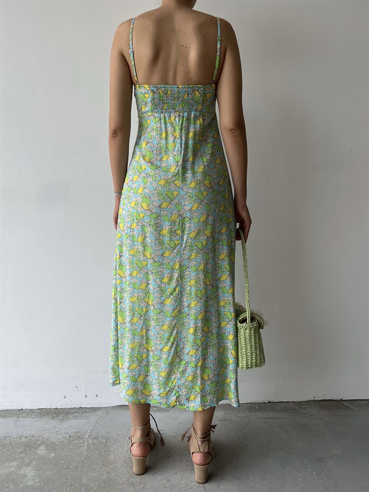 Çiçekli İnce Askı Yırtmaçlı Grant Kadın Yeşil Uzun Elbise 22Y000290