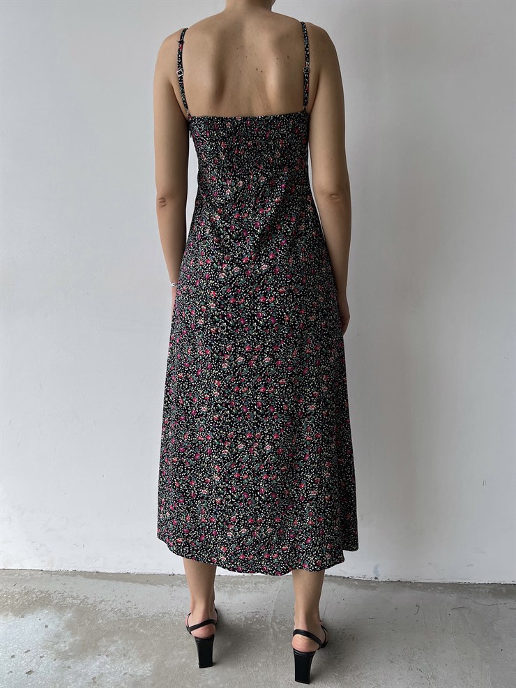 Çiçekli İnce Askı Yırtmaçlı Grant Kadın Siyah Uzun Elbise 22Y000290