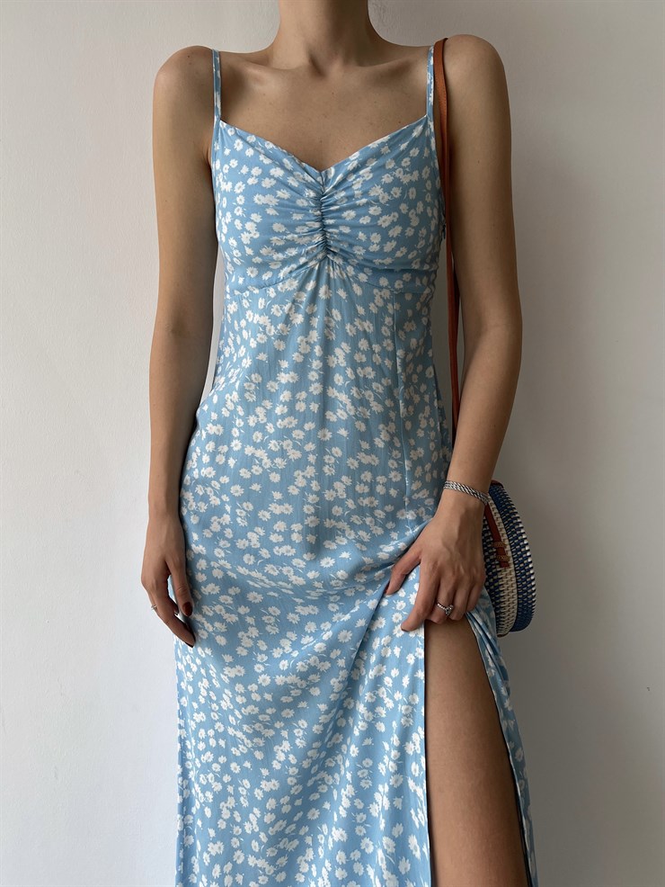 Çiçekli İnce Askı Yırtmaçlı Grant Kadın Mavi Uzun Elbise 22Y000290