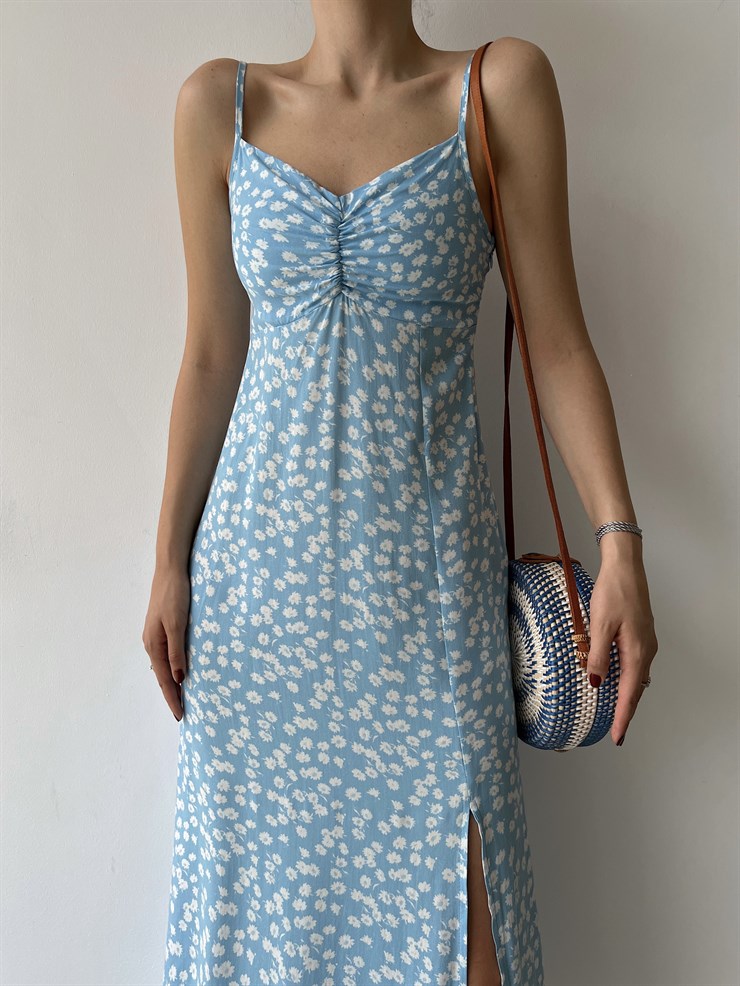 Çiçekli İnce Askı Yırtmaçlı Grant Kadın Mavi Uzun Elbise 22Y000290