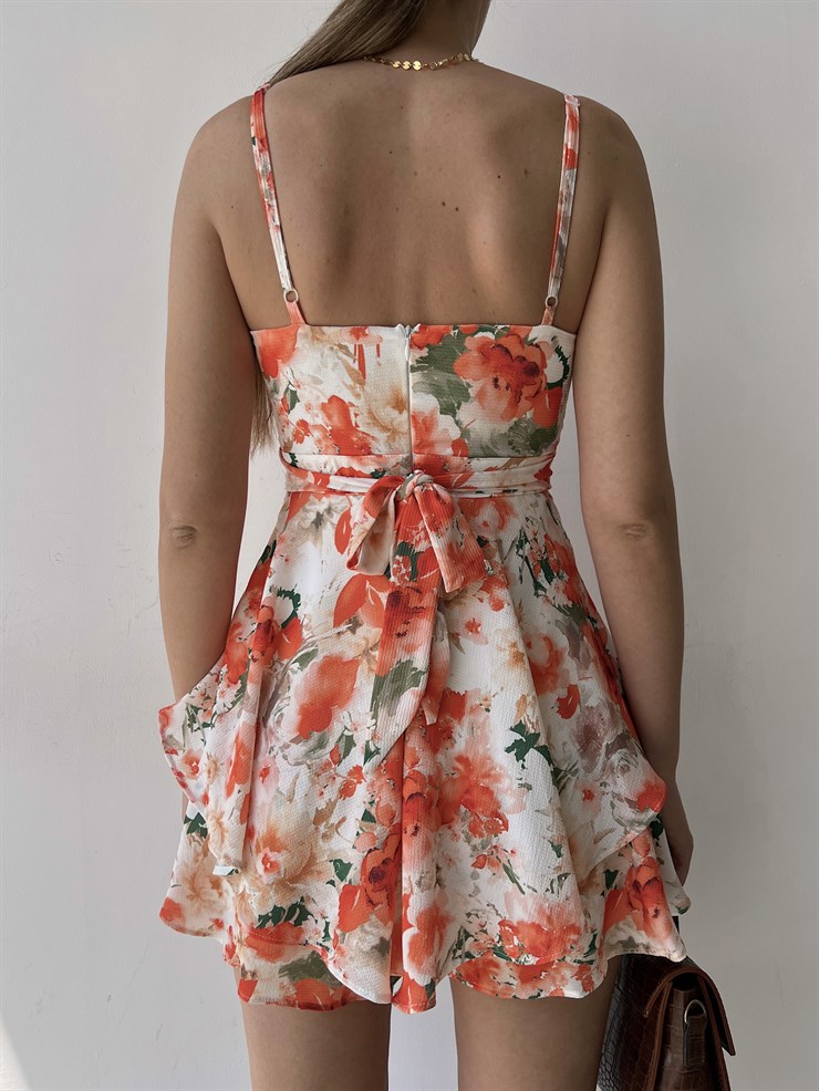 Çiçekli İnce Askılı Volanlı Solita Kadın Turuncu Şort Tulum 22Y000324