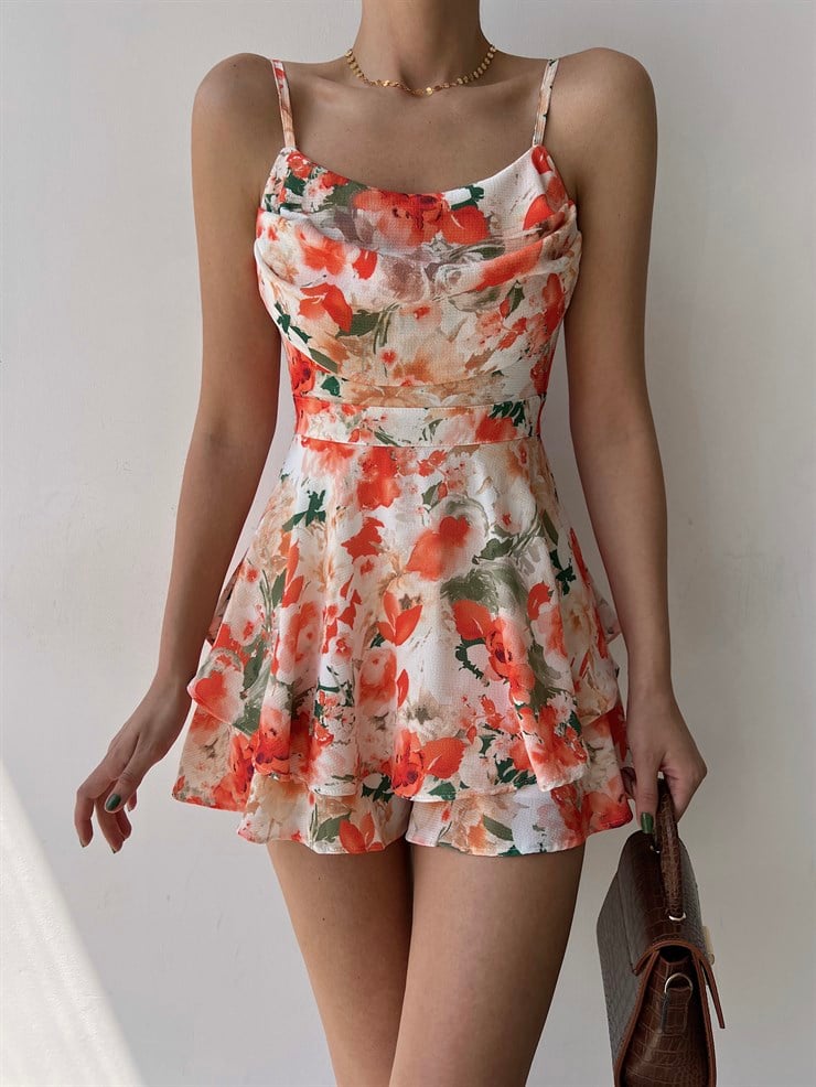 Çiçekli İnce Askılı Volanlı Solita Kadın Turuncu Şort Tulum 22Y000324