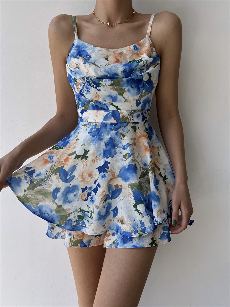 Çiçekli İnce Askılı Volanlı Solita Kadın Mavi Şort Tulum 22Y000324