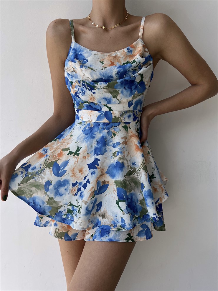 Çiçekli İnce Askılı Volanlı Solita Kadın Mavi Şort Tulum 22Y000324