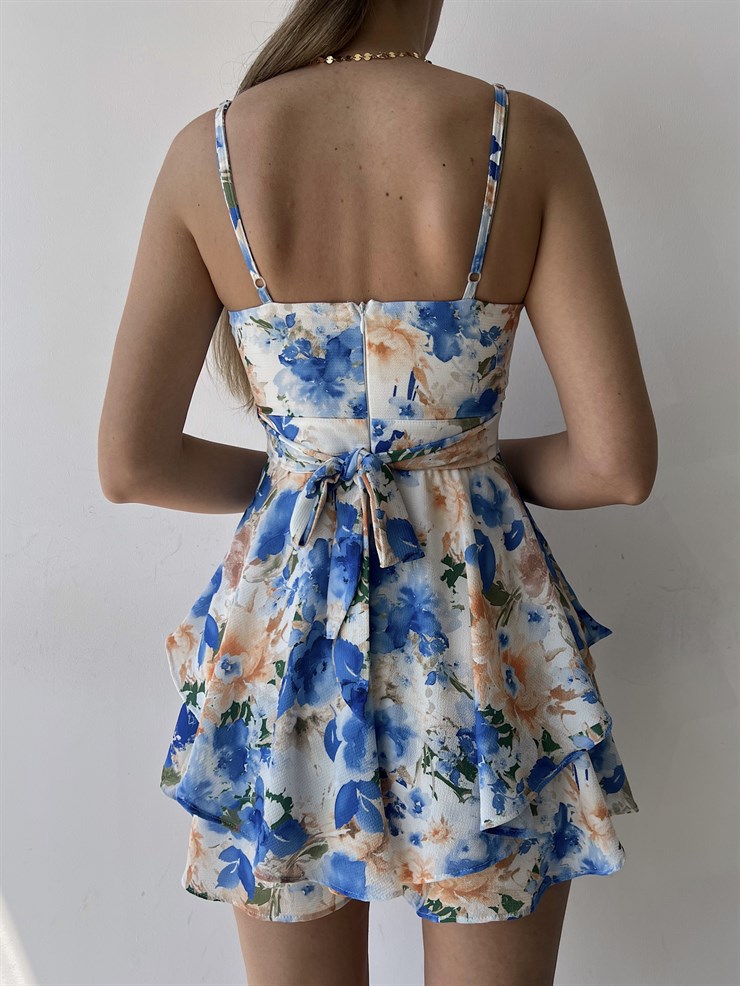 Çiçekli İnce Askılı Volanlı Solita Kadın Mavi Şort Tulum 22Y000324