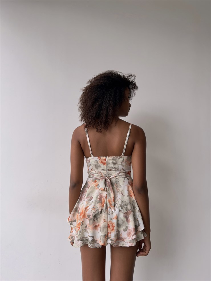 Çiçekli İnce Askılı Volanlı Solita Kadın Vizon Şort Tulum 22Y000324