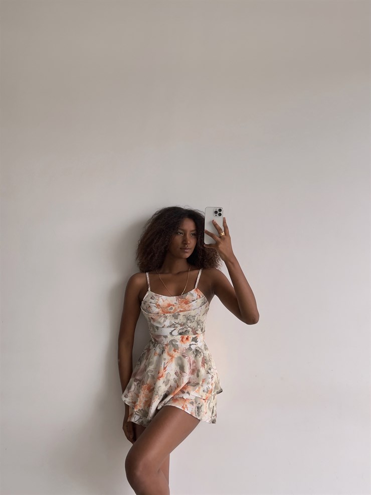Çiçekli İnce Askılı Volanlı Solita Kadın Vizon Şort Tulum 22Y000324