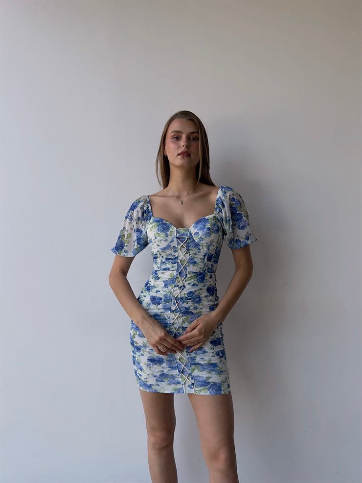 Çiçekli Kayık Yaka Önden Çapraz Şerit Detay Drapeli Italus Kadın Mavi Elbise 22Y000401