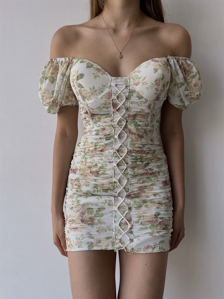 Çiçekli Kayık Yaka Önden Çapraz Şerit Detay Drapeli Italus Kadın Beyaz Elbise 22Y000401