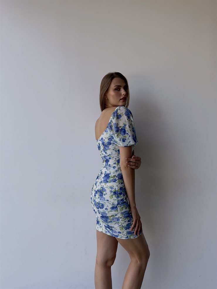 Çiçekli Kayık Yaka Önden Çapraz Şerit Detay Drapeli Italus Kadın Mavi Elbise 22Y000401