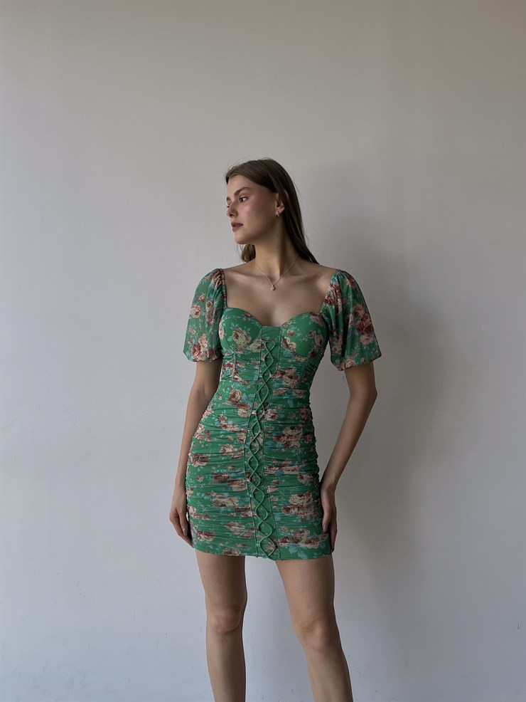 Çiçekli Kayık Yaka Önden Çapraz Şerit Detay Drapeli Italus Kadın Yeşil Elbise 22Y000401