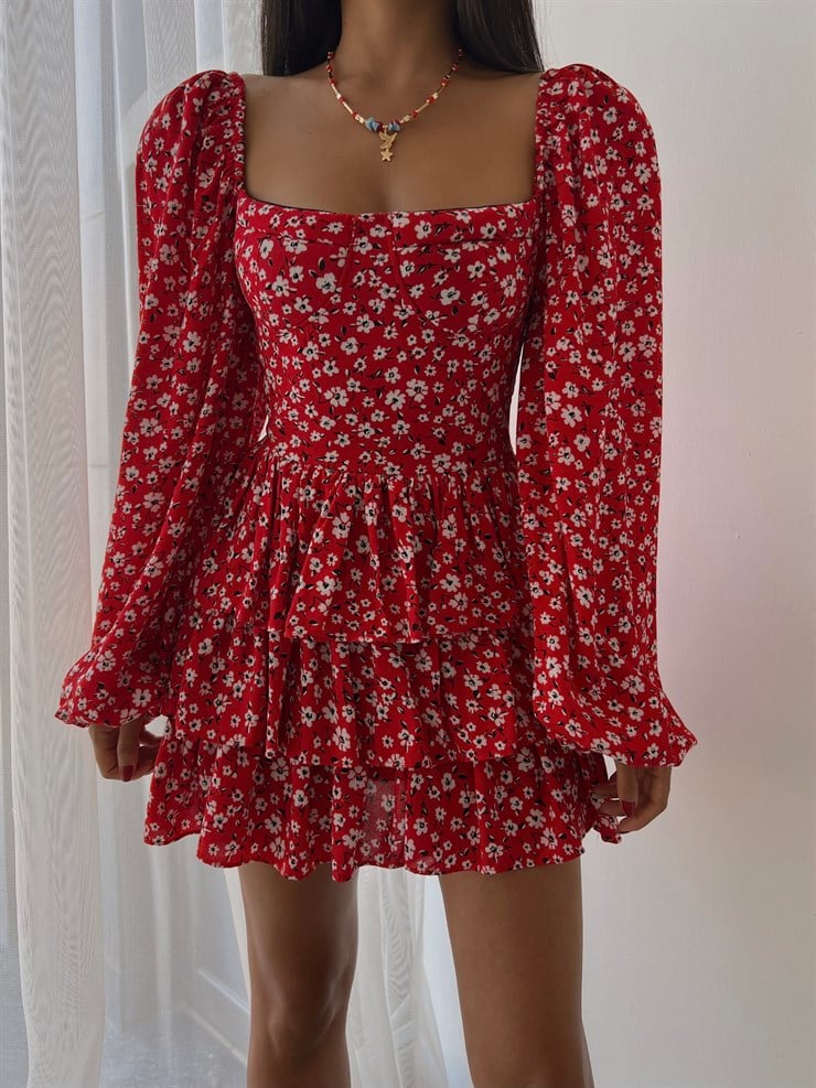 Çiçekli Lastik Omuz Fırfırlı Kare Yaka Livio Kadın Kırmızı Mini Elbise 22Y000500