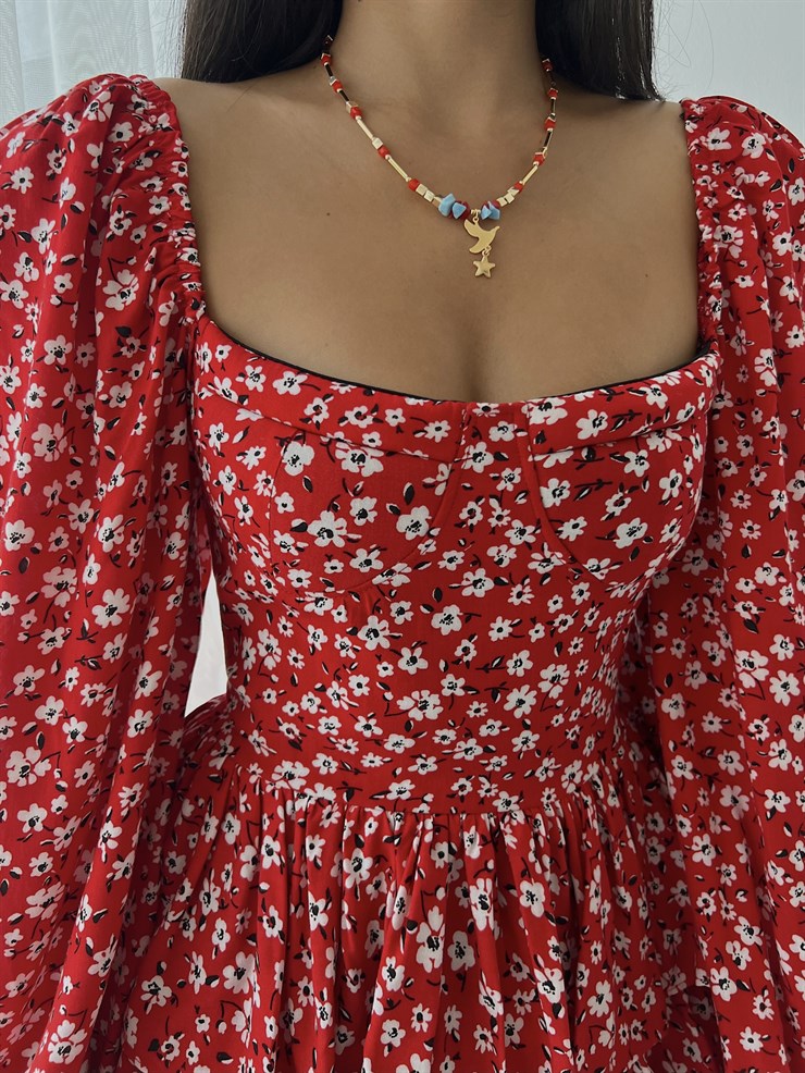 Çiçekli Lastik Omuz Fırfırlı Kare Yaka Livio Kadın Kırmızı Mini Elbise 22Y000500