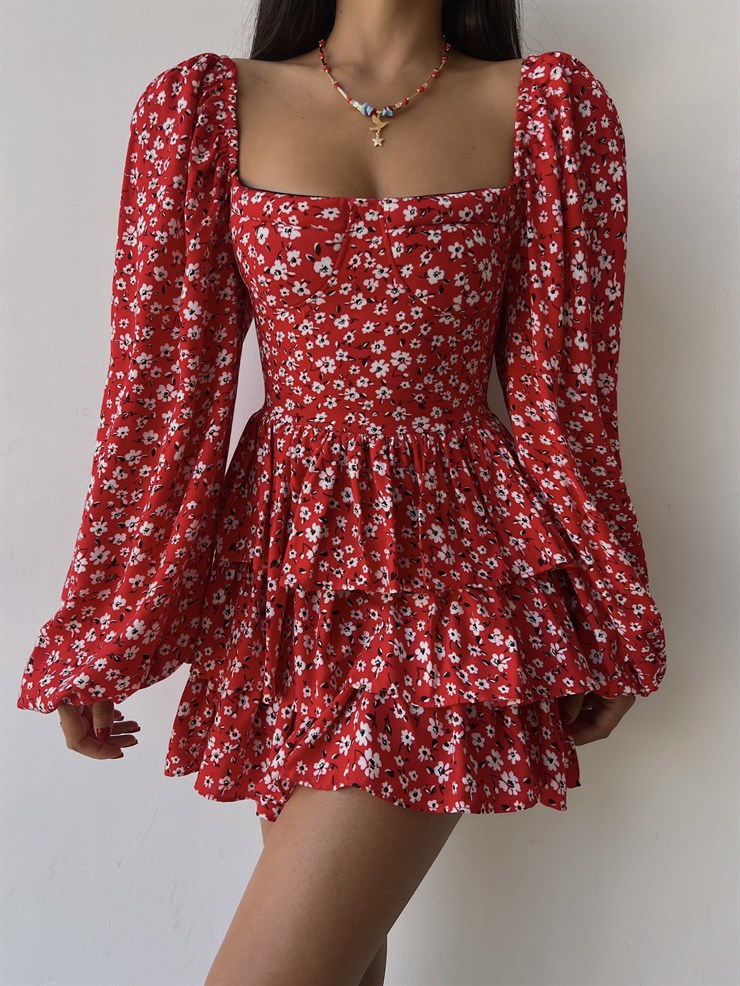 Çiçekli Lastik Omuz Fırfırlı Kare Yaka Livio Kadın Kırmızı Mini Elbise 22Y000500