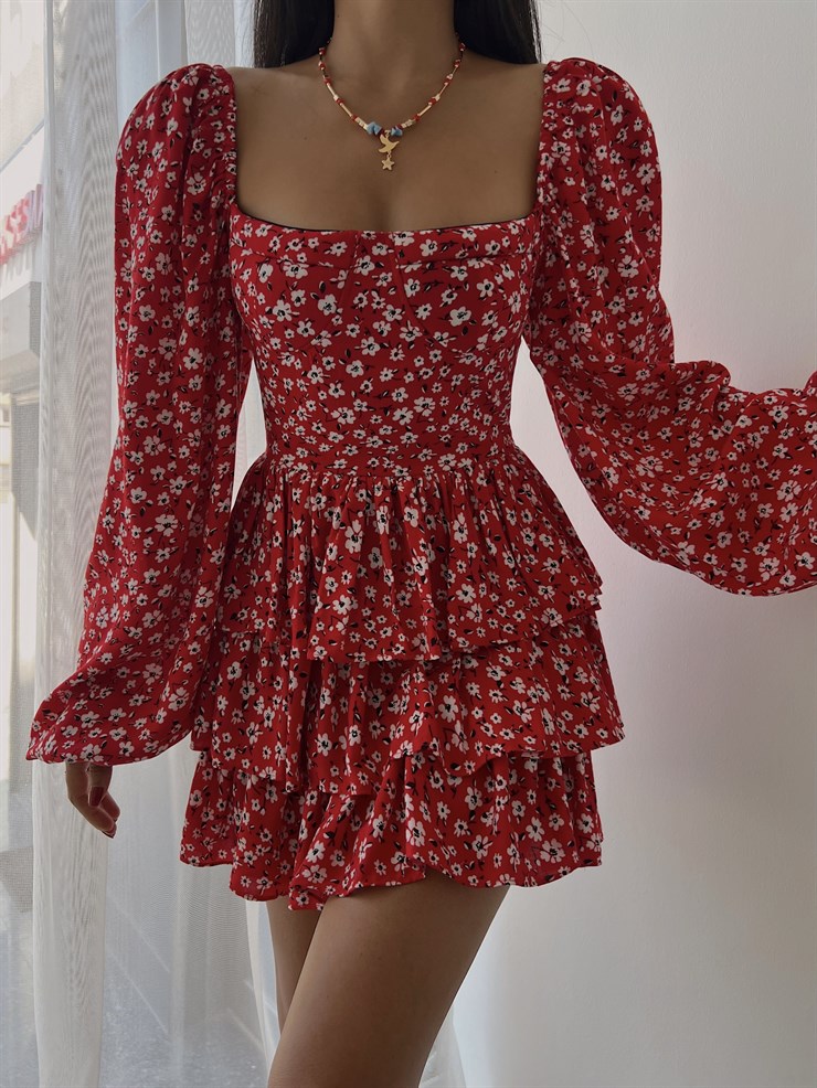 Çiçekli Lastik Omuz Fırfırlı Kare Yaka Livio Kadın Kırmızı Mini Elbise 22Y000500