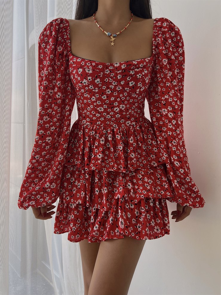 Çiçekli Lastik Omuz Fırfırlı Kare Yaka Livio Kadın Kırmızı Mini Elbise 22Y000500