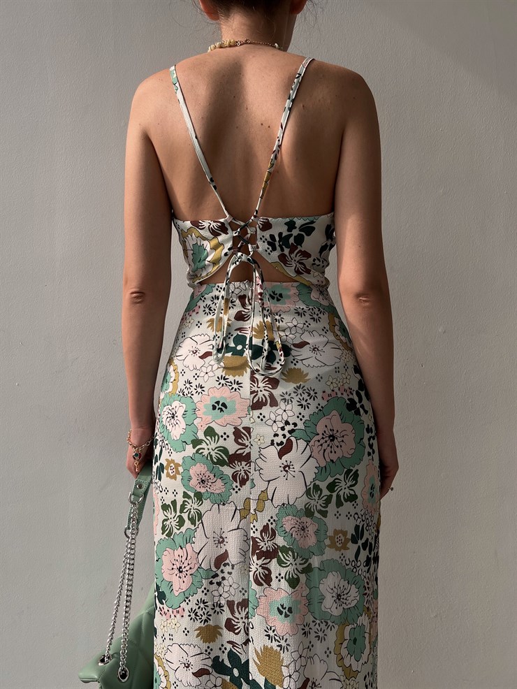 Çiçekli Midi Boy Sırt Dekolteli Yırtmaşlı Griffin Kadın Mint Elbise 22Y000133