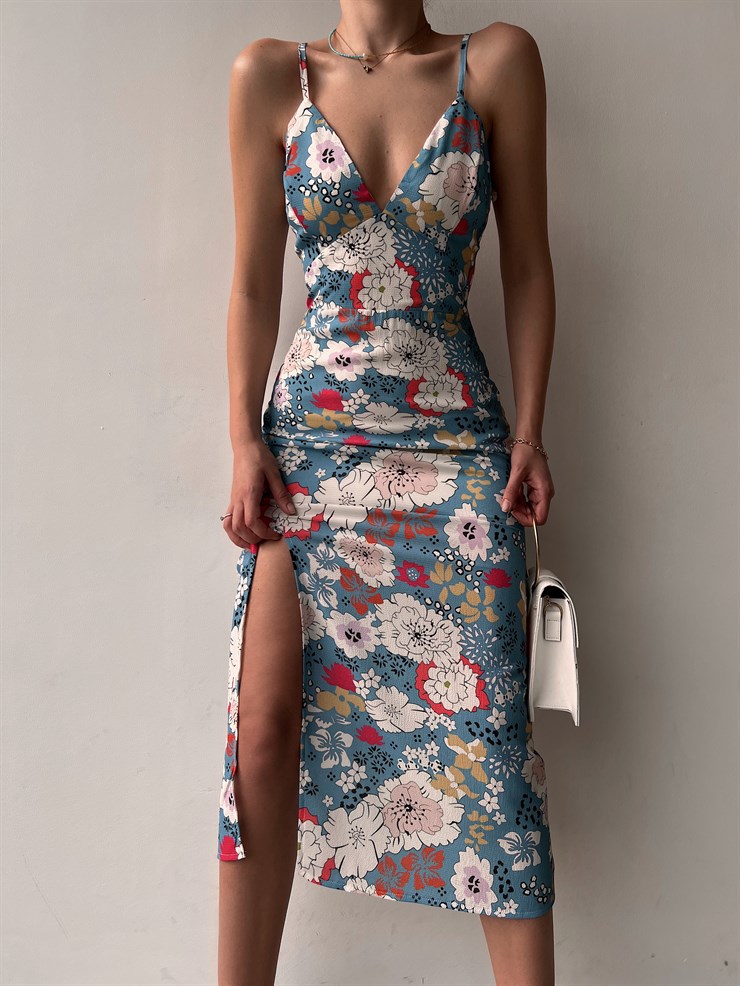 Çiçekli Midi Boy Sırt Dekolteli Yırtmaşlı Griffin Kadın Mavi Elbise 22Y000133