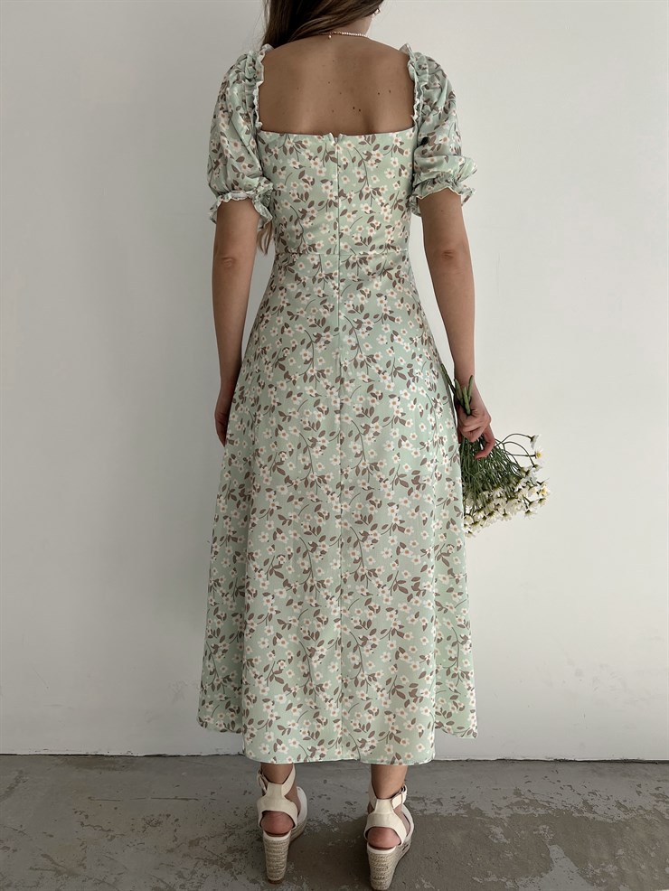 Çiçekli Midi Boy Yaka Çevresi Fırfırlı Yırtmaçlı Presley Kadın Yeşil Elbise 22Y000286