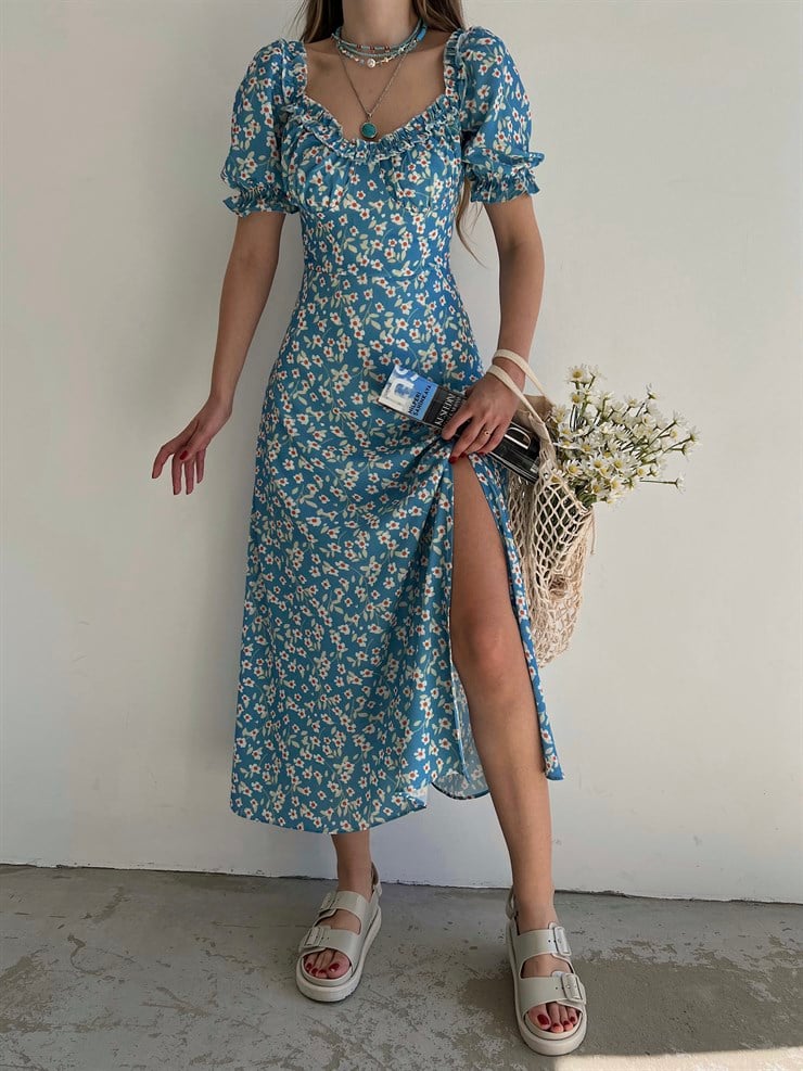 Çiçekli Midi Boy Yaka Çevresi Fırfırlı Yırtmaçlı Presley Kadın Mavi Elbise 22Y000286