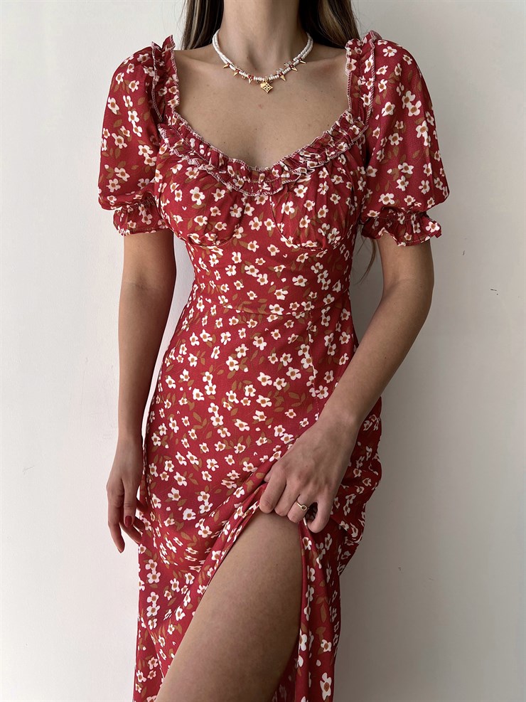Çiçekli Midi Boy Yaka Çevresi Fırfırlı Yırtmaçlı Presley Kadın Bordo Elbise 22Y000286